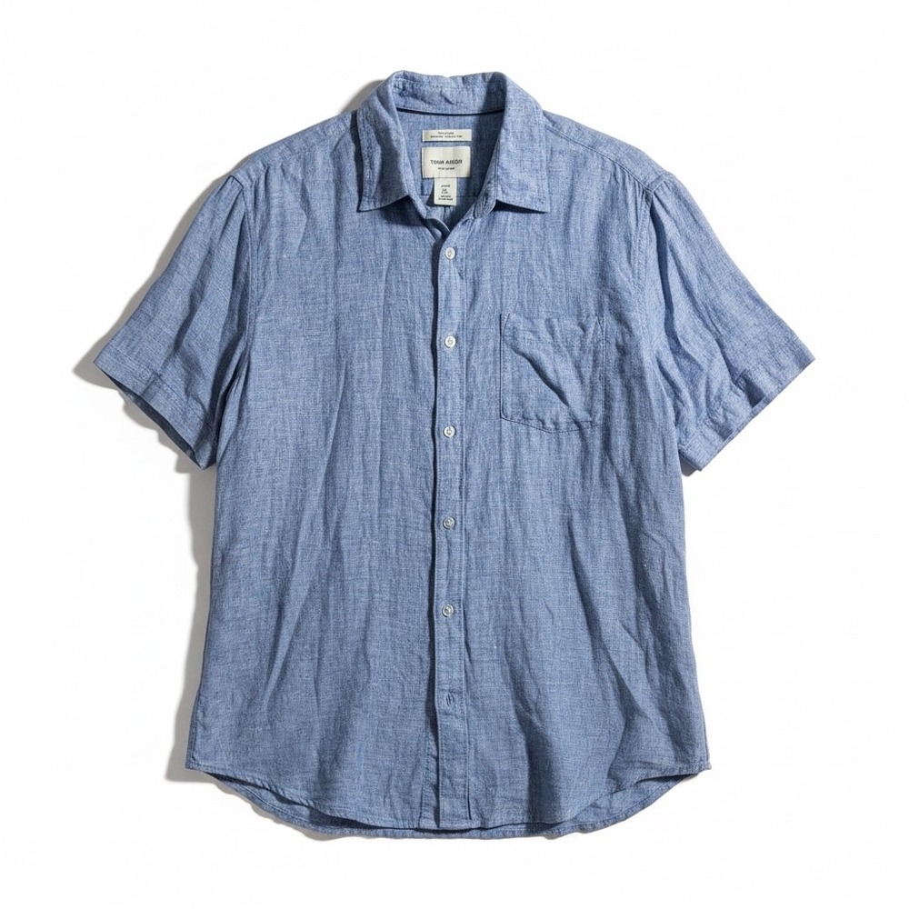 Thom Aaron Linen Shirt Mens Large Blue Short Sleeve Button Down Flax